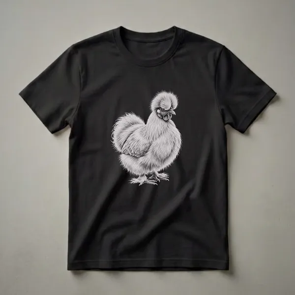 A black t-shirt featuring a detailed, vintage-style pencil drawing of a Silkie chicken with fluffy white feathers and a black background.