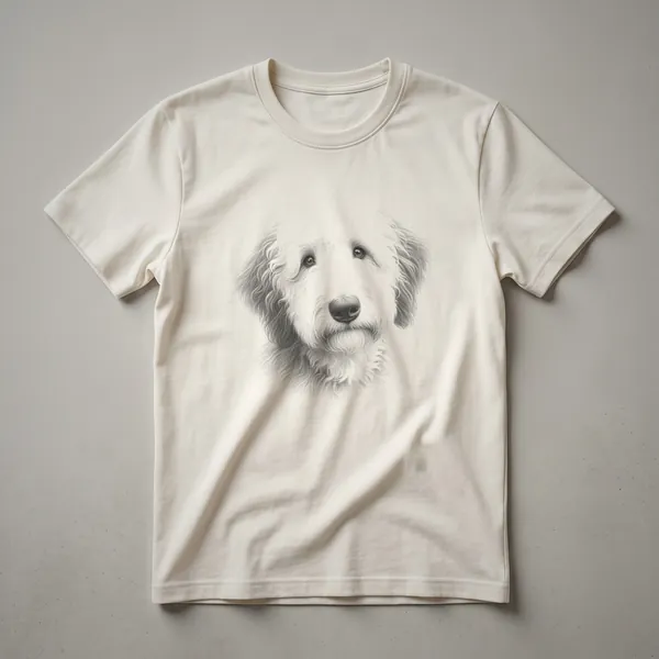 Black and white line art drawing of a Sheepadoodle dog's face, featuring its fluffy fur and expressive eyes, printed on a t-shirt.