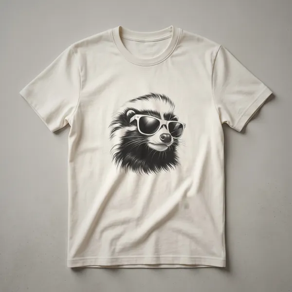 Black and white drawing of a skunk wearing black-rimmed sunglasses, depicted on a dark t-shirt.