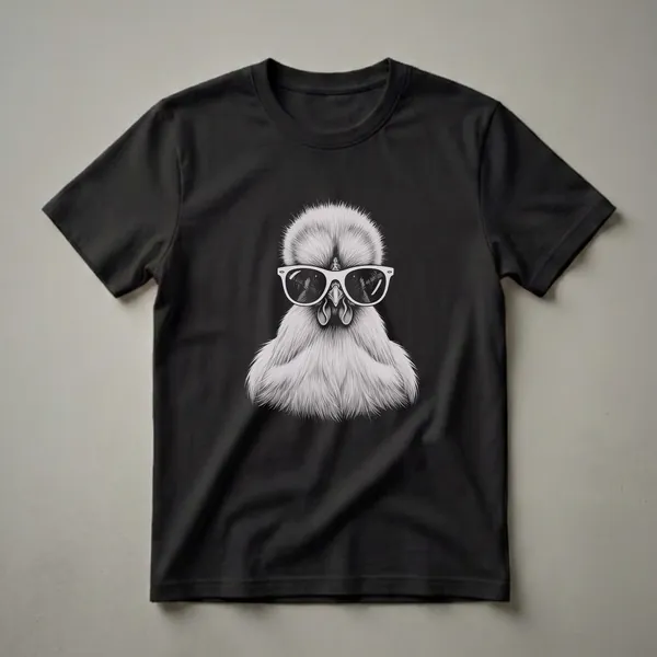 Black t-shirt featuring a detailed pencil sketch of a Silkie chicken wearing white-rimmed sunglasses against a black background.
