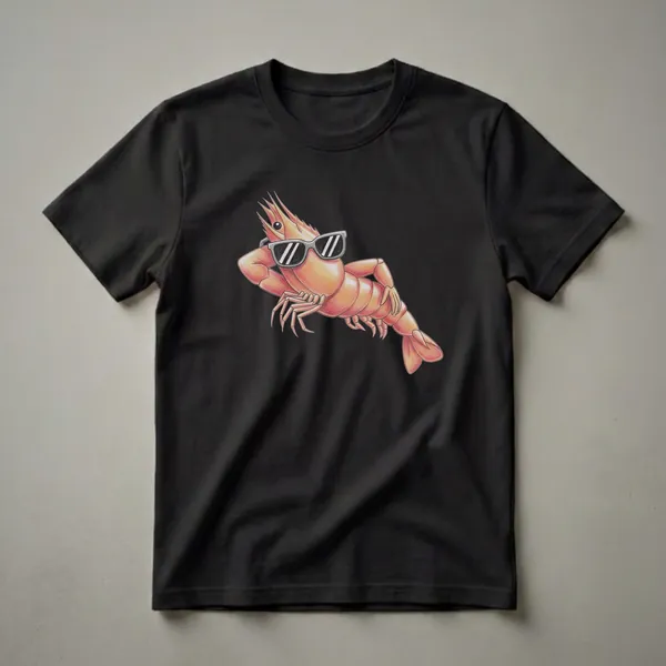 Orange shrimp wearing black sunglasses, depicted in a colored pencil drawing style on a black background.