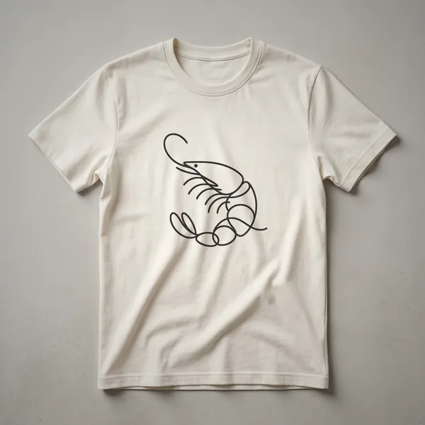 A black line drawing of a shrimp on a black t-shirt, featuring its segmented body, antennae, and curved tail in a minimalist style.