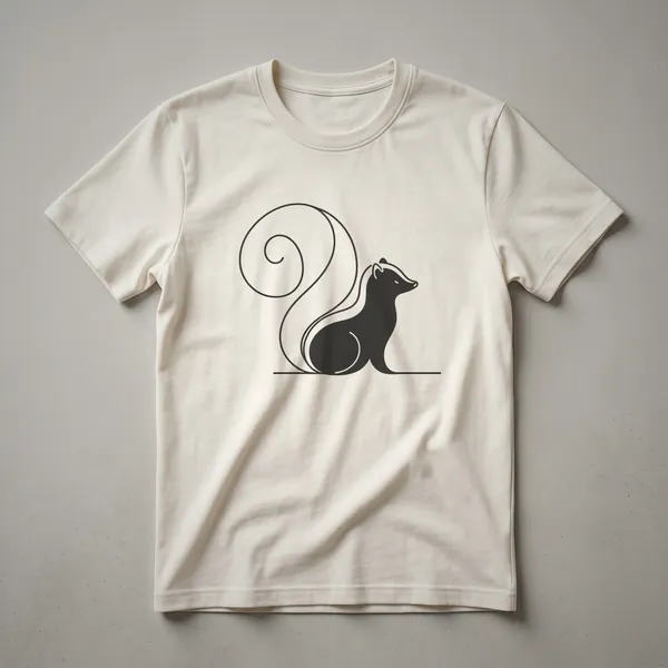 Black t-shirt featuring a minimalist black line art drawing of a skunk in profile, its large, bushy tail curled upwards.