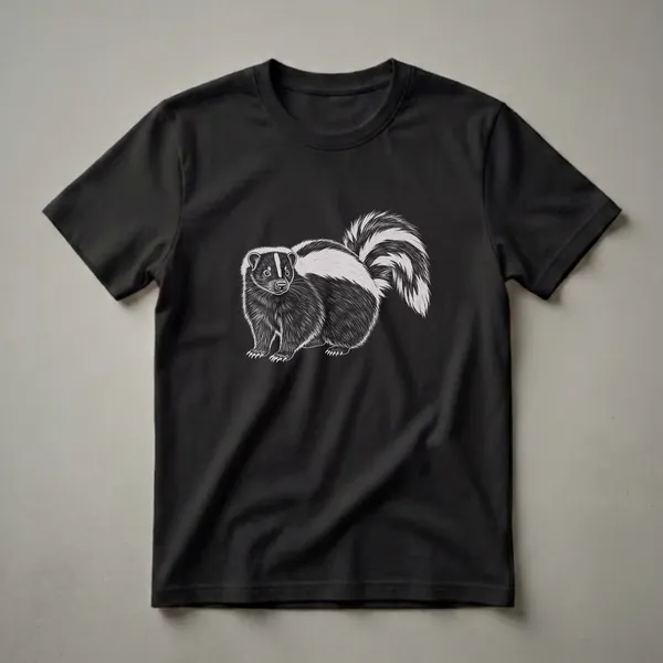 Black t-shirt featuring a detailed scratchboard sketch of a skunk with a striped tail raised, rendered in white and grey.