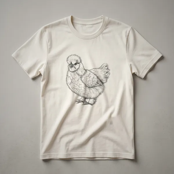 A black and white line drawing of a Silkie chicken, showcasing its fluffy feathers and distinctive crest, printed on a t-shirt.
