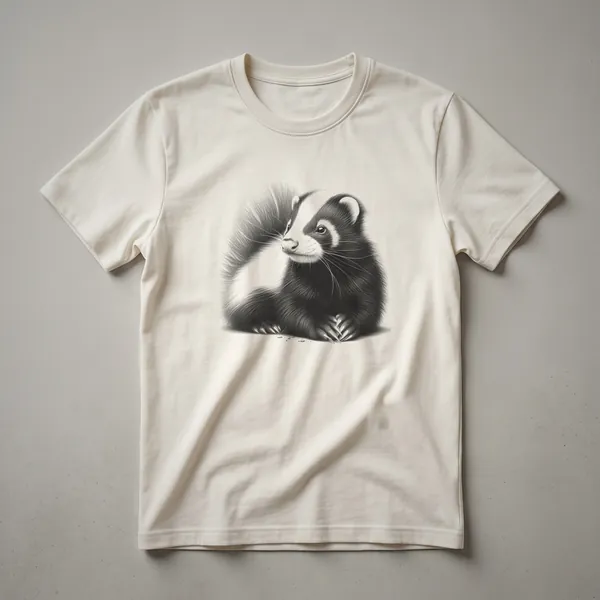 Black and white sketch of a skunk with detailed fur texture and expressive eyes, featured on a t-shirt.