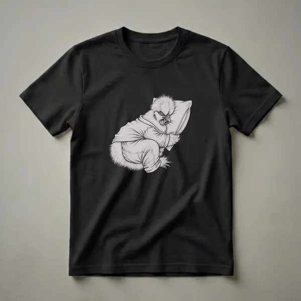 Black t-shirt with a detailed pencil sketch of a Silkie chicken wearing pajamas and sleeping on a pillow, with its eyes closed and a serene expression.