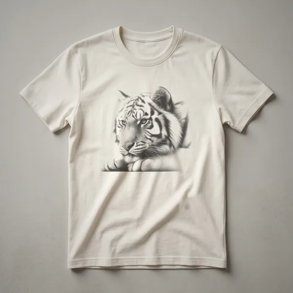 Black graphic t-shirt with a detailed vintage line drawing of a Siberian tiger's face, showcasing its stripes and intense eyes.