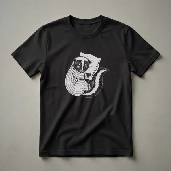 Black and white sketch of a skunk wearing striped pajamas, curled up asleep on a pillow, on a black background.