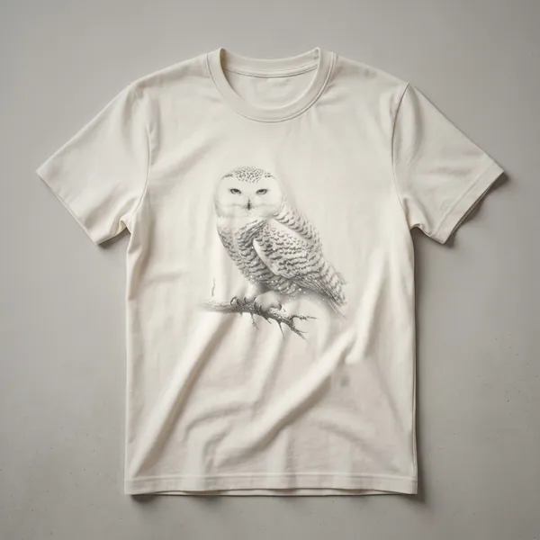 A vintage line drawing of a snowy owl perched on a branch, depicted on a dark t-shirt.