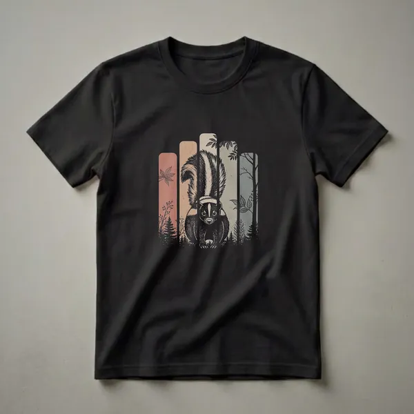 Black graphic t-shirt featuring a vintage drawing of a skunk in a forest with retro-colored vertical panels and silhouetted trees and leaves.