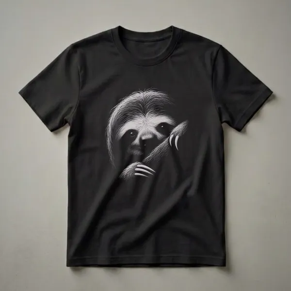 Black t-shirt featuring a detailed white scratchboard drawing of a sloth's face and paw, with sharp claws visible against a black background.