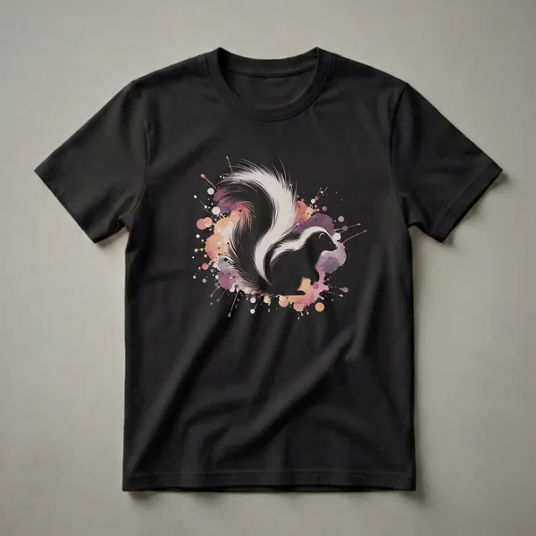 Black t-shirt featuring a silhouette of a skunk with a large, striped tail against a background of colorful orange, purple, and cream watercolor paint splatters and circles.