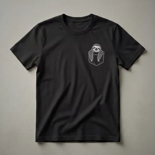 Black t-shirt with a white line drawing of a sloth peeking out of a pocket, showing its face and front arms with claws.