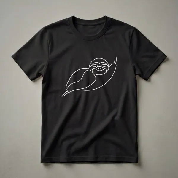 Black t-shirt with a white line art illustration of a sloth hanging from a branch, its eyes closed.