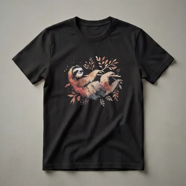 Black t-shirt featuring a watercolor-style drawing of a sloth hanging from a branch, surrounded by autumnal leaves and small dots.