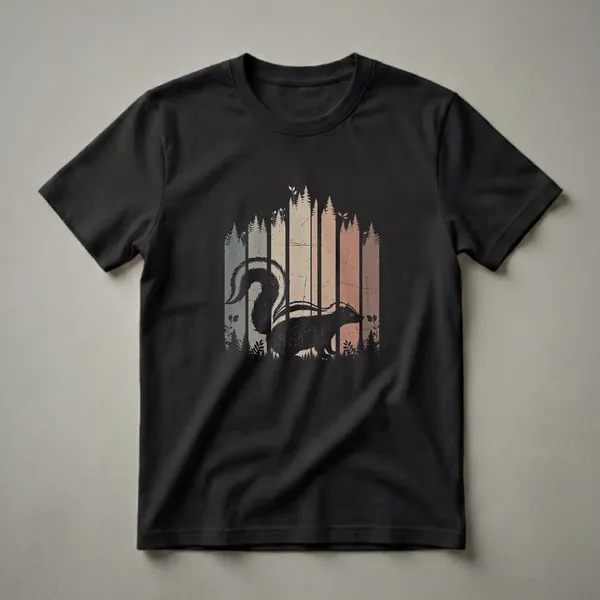 Black graphic t-shirt featuring a retro skunk silhouette against a background of vertical stripes in muted colors and stylized trees.
