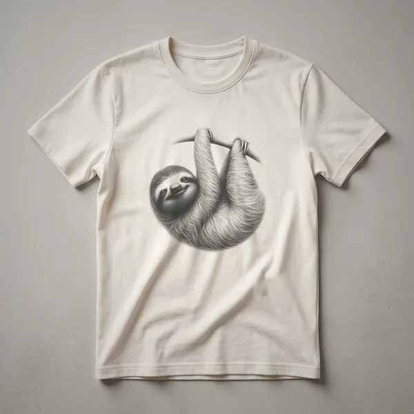 Black line-art sketch of a sloth hanging from a branch, on a black t-shirt, with visible texture details.