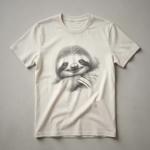 Black and white line drawing of a sloth's face, showing its fur texture and gentle eyes, on a dark t-shirt.