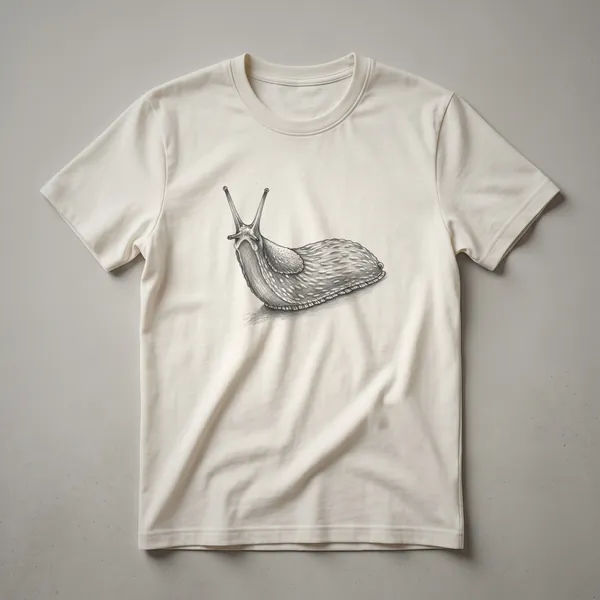 Black and white line drawing of a slug with antennae extended, depicted on a dark garment.