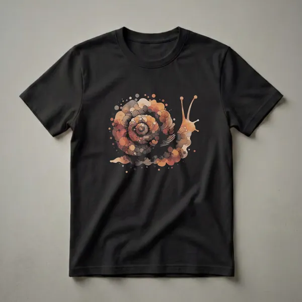 Black t-shirt with a watercolor-style drawing of a snail in shades of orange, brown, and grey, featuring a detailed spiral shell made of circles and organic shapes.