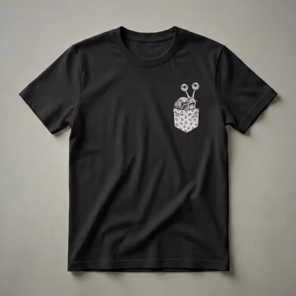 Black t-shirt featuring a detailed pencil drawing of a snail with large eyes peeking out of a polka-dotted pocket.