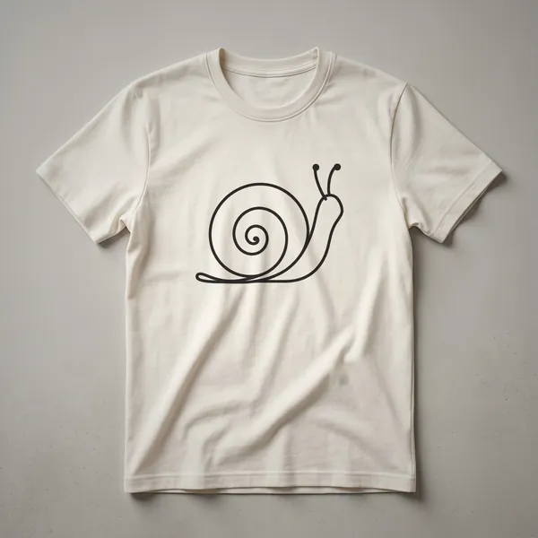 Black line art graphic of a snail on a white t-shirt, showing its coiled shell and antennae.