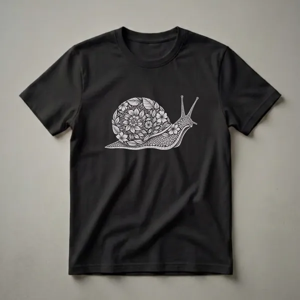 Black and white graphic t-shirt featuring a detailed illustration of a snail with a shell designed as a floral and leaf mandala pattern.