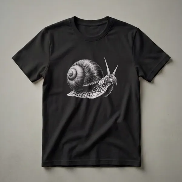 Black t-shirt featuring a detailed monochromatic drawing of a garden snail with a spiraled shell and textured body, shown in profile against a black background.