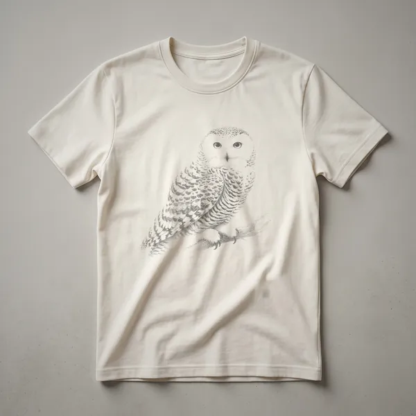 Black and white vintage sketch of a snowy owl on a black t-shirt, showing detailed feather patterns and piercing eyes.