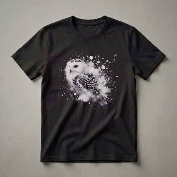 Black t-shirt with a white and grey artistic splatter paint drawing of a snowy owl in the center, surrounded by paint splatters and dots.