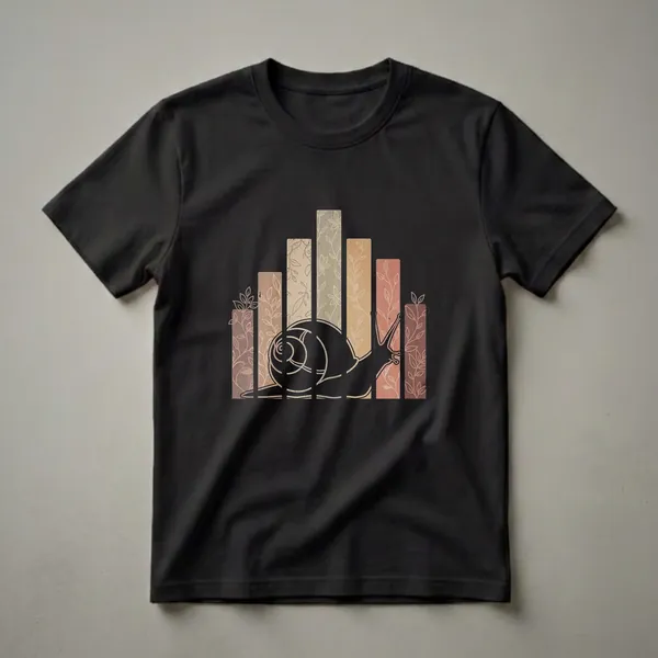 Black graphic t-shirt featuring a silhouette of a snail against textured vertical bars with floral line art in muted earth tones.