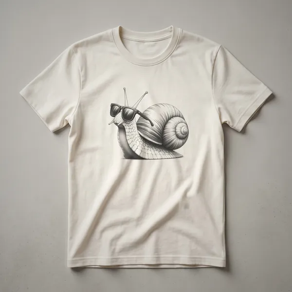 Black and white line drawing of a snail wearing dark sunglasses, depicted on a black t-shirt.