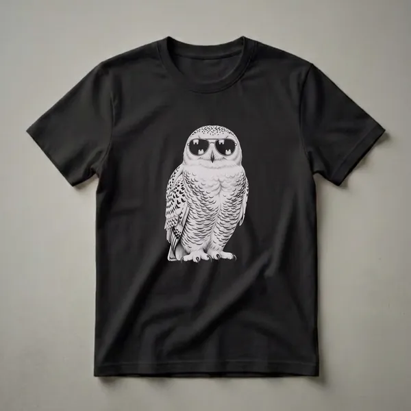 A black and white drawing of a snowy owl wearing aviator sunglasses, depicted on a black background, on a t-shirt.