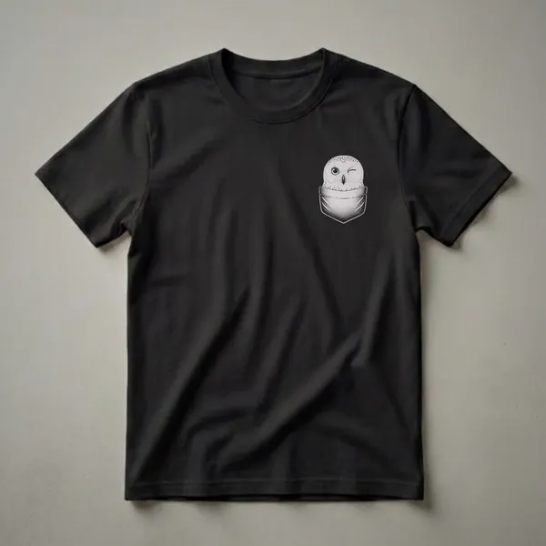 White t-shirt with a small pencil-sketch Snowy Owl peeking out of a faux stitched chest pocket at the upper right, one eye open and one in a wink.