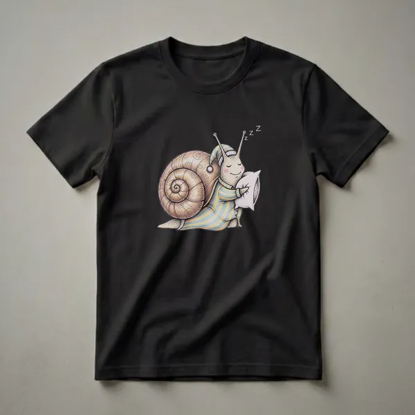 A graphic t-shirt featuring a drawing of a snail wearing blue and yellow striped pajamas and a striped sleeping cap, hugging a white pillow, with 'Zzz' symbols above its head.