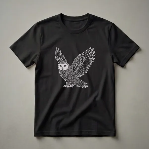 Black t-shirt featuring a detailed monochromatic drawing of a snowy owl in flight, with intricate floral patterns integrated into its feathers and wings spread wide.