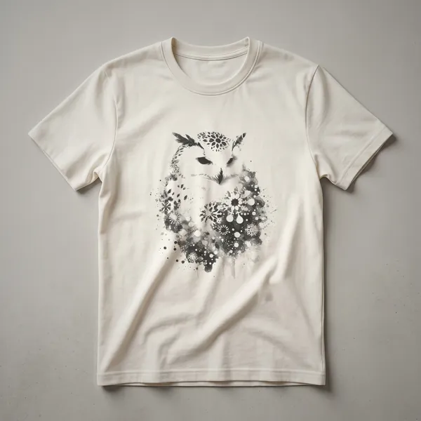 Black graphic t-shirt featuring an abstract snowy owl design composed of dark grey floral and circular patterns.