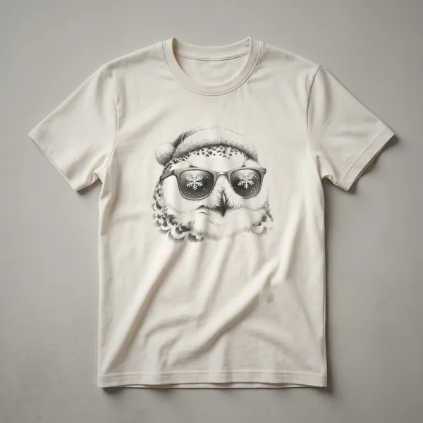 Black and white sketch of a snowy owl wearing Wayfarer-style sunglasses, with snowflakes reflected in the lenses, on a dark t-shirt.