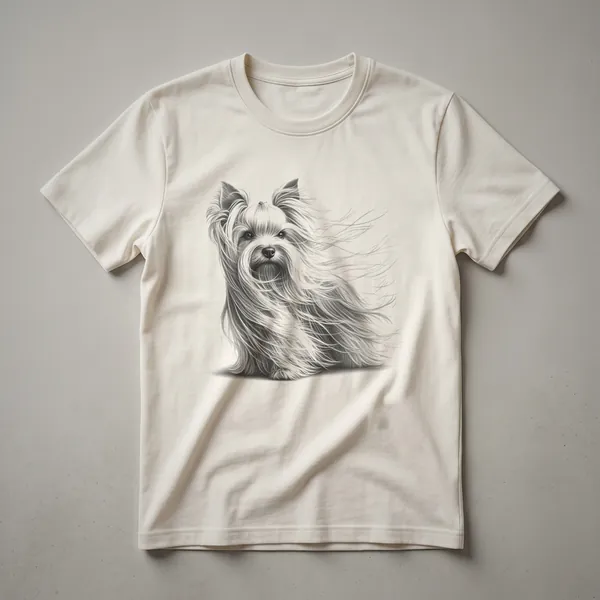 Black line drawing of a Yorkshire Terrier with long, flowing hair on a black t-shirt.