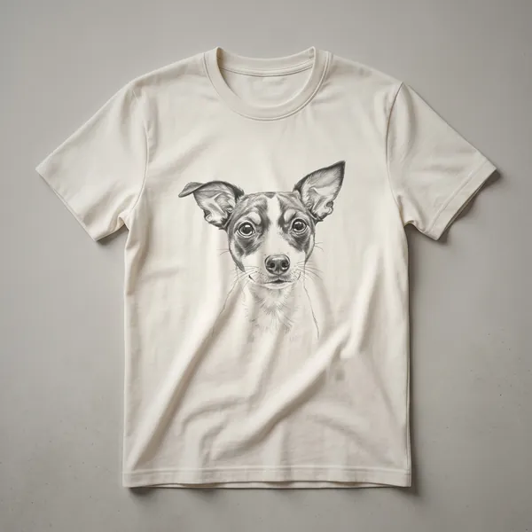 Black and white line drawing of a Rat Terrier dog's face, featuring large expressive eyes and perky ears, on a black t-shirt.