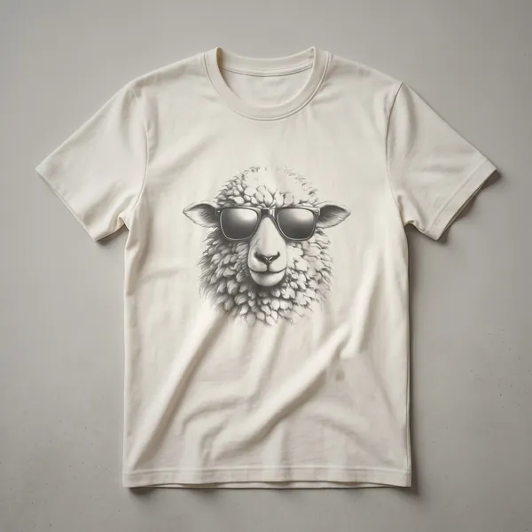A black graphic t-shirt featuring a line drawing of a sheep's head wearing dark sunglasses, with a textured wool pattern.