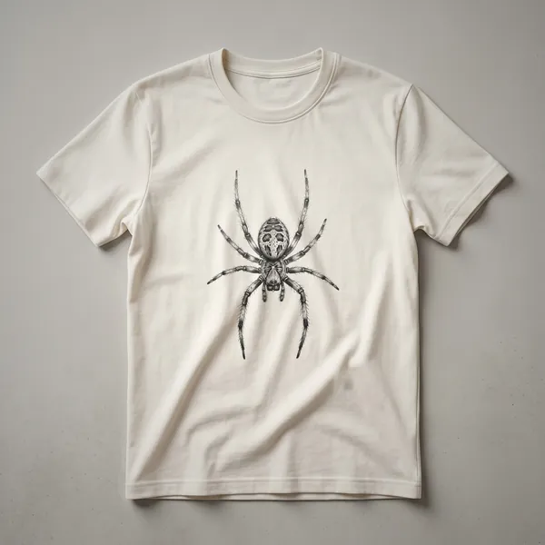 A black and white line drawing of a spider, detailed with eight legs and a textured body, displayed on a dark t-shirt.