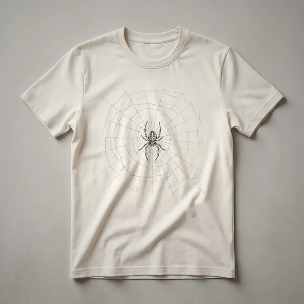 Black t-shirt with a white line drawing of a spider centered within a circular spider web, showcasing intricate details of both the arachnid and its creation.