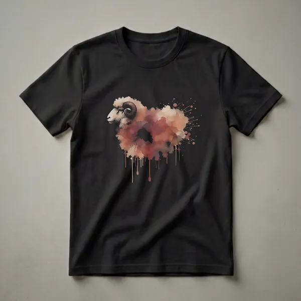 Black t-shirt with a graphic design of a ram sheep's head in profile, with its body depicted in a watercolor style using earthy brown and rust tones, against a black background.