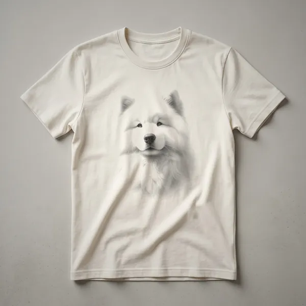 A black and white sketch of a Samoyed dog's face on a dark t-shirt, showcasing its fluffy fur and gentle expression.