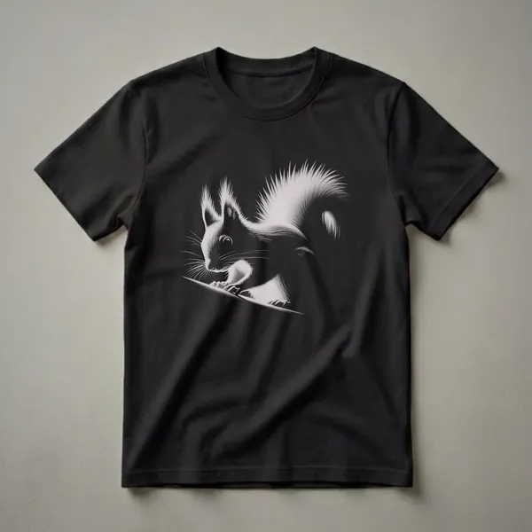 Black and white drawing of a squirrel with a bushy tail, rendered in a textured, stippled art style on a black t-shirt.