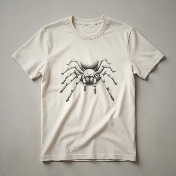Black t-shirt with a vintage-style line drawing of a tarantula in white outline, showing its legs, body, and hairy texture.