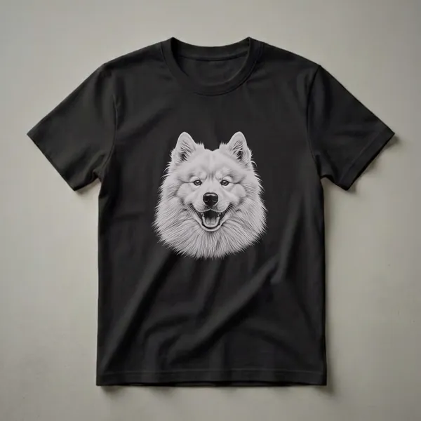 A black t-shirt featuring a detailed pencil sketch of a white Samoyed dog's face with its mouth open and tongue out, set against a black background.