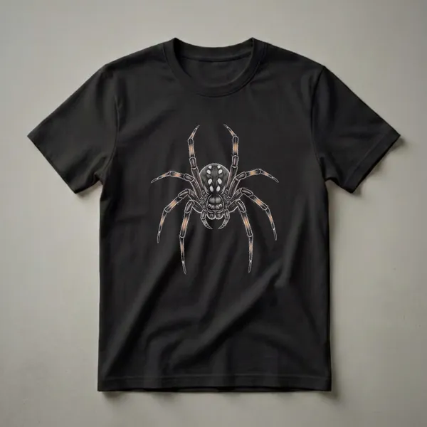 Black t-shirt featuring a detailed drawing of a brown and black spider with white spots on its abdomen and hairy legs.